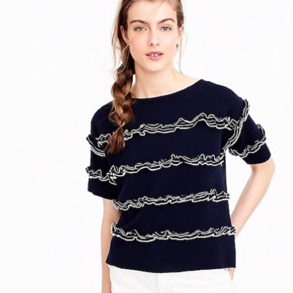 J. Crew Navy White Ruffle Boatneck sweater S M - Picture 1 of 8